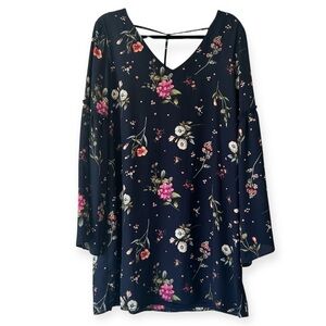 Charming Charlie Bohemian Navy Floral Bell Sleeve A-Line Dress